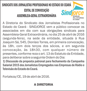 EDITAL - ASSEMBLEIA EXTRAORDINÁRIA - Fechamento campanha salarial 2015 rádio e tv